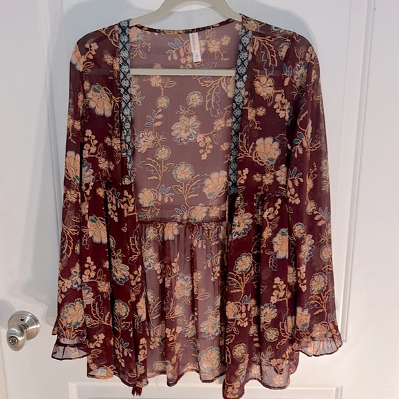 Cute Boho sheer cover up.  Ties under the bust.  Bell sleeves. - Picture 1 of 5